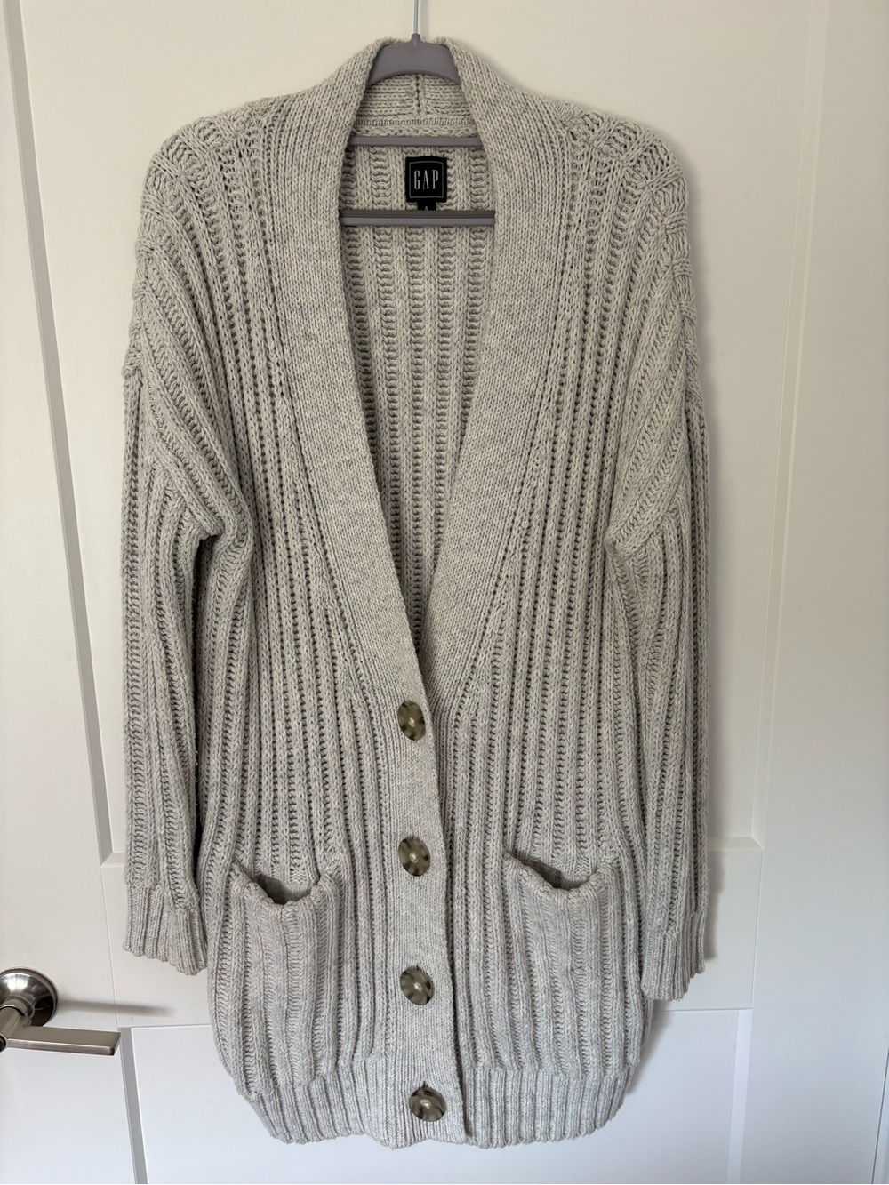 GAP Light Heather Gray Ribbed Shawl-Collar Button Cardigan - Small